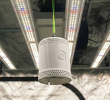 Grow Sensor PRO hanging directly beneath LED grow light bars to measure light intensity and canopy microclimate.