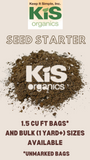 KiS Organics Seed Starter mix graphic showing a pile of soil. 1.5 cubic foot unmarked bags and bulk sizes available.