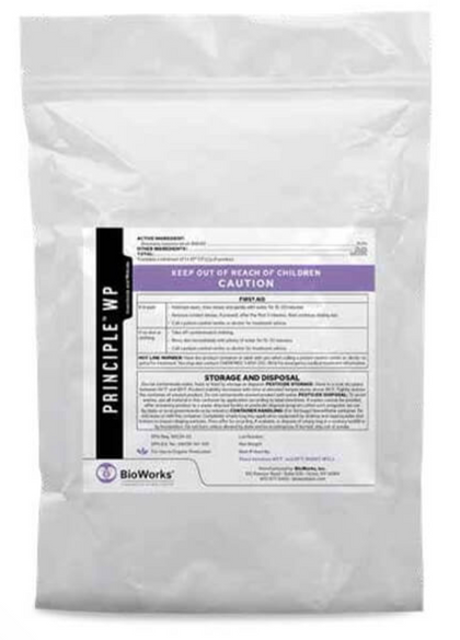 White foil pouch of BioWorks Principle WP bioinsecticide containing Beauveria bassiana for thrips and aphid control.