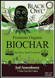 Black Owl Biochar soil amendment package label, 1 cubic foot, peat free, with owl illustration.