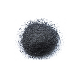 Small pile of black Black Owl Biochar granules on a white background.