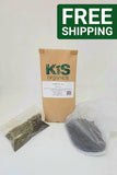 KiS Organics compost tea paper bag with a bag of dry ingredients and a mesh brew bag