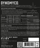 Back label of DYNOMYCO mycorrhizal inoculant with application instructions and product composition.