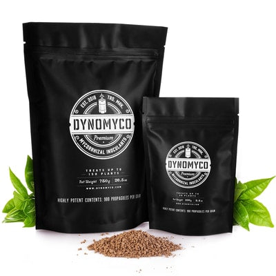 Two package sizes of DYNOMYCO mycorrhizal inoculant.