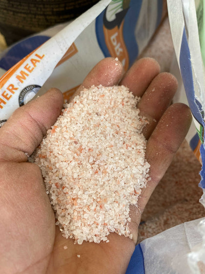 Open hand holding pale pink K-Mag granules