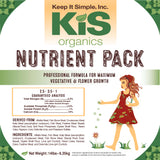 KIS Organics Nutrient Pack 14lb product label featuring NPK analysis 2.5-3.5-1 and organic ingredients.
