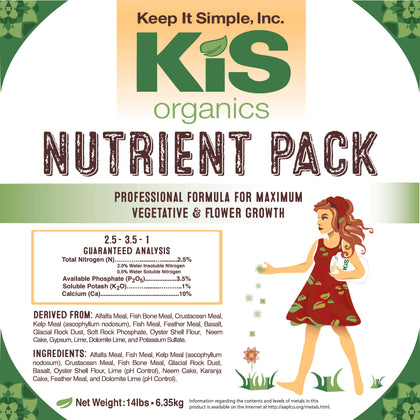 KIS Organics Nutrient Pack 14lb product label featuring NPK analysis 2.5-3.5-1 and organic ingredients.
