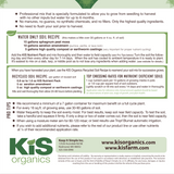 Back label for KIS Organics Nutrient Pack showing water-only soil recipe, recycled soil recipe, and application rates.