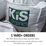 KIS Organics large bulk tote bag with text offering discounts and personalized service on orders over one yard.