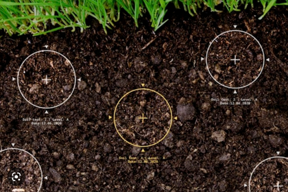 Soil testing analysis graphic showing sampling target zones and soil data overlays on rich organic soil.