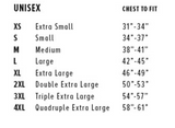Unisex t-shirt size chart listing chest measurements from XS to 4XL