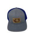 Gray and dark blue snapback trucker hat with a leather KiS Organics patch
