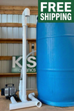 50 gallon Microbulator PVC air stand with air pump beside a blue 55 gallon drum
