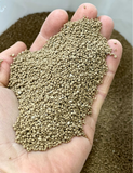 Close-up view of uniform Microna Prill granulated agricultural gypsum held in hand showing round low-dust granules.