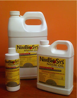 Gallon, quart and 8 ounce bottles of NimBioSys neem oil.